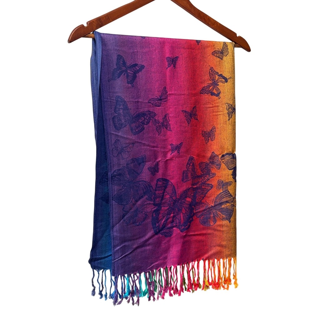 Pashmina Silk Blend Rainbow Butterfly Scarf Shawl Wrap Multicolor Fringe Trim